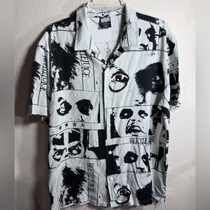 Beetlejuice All-Over Print Button-Up Shirt | Black White Graphic Rayon | Large